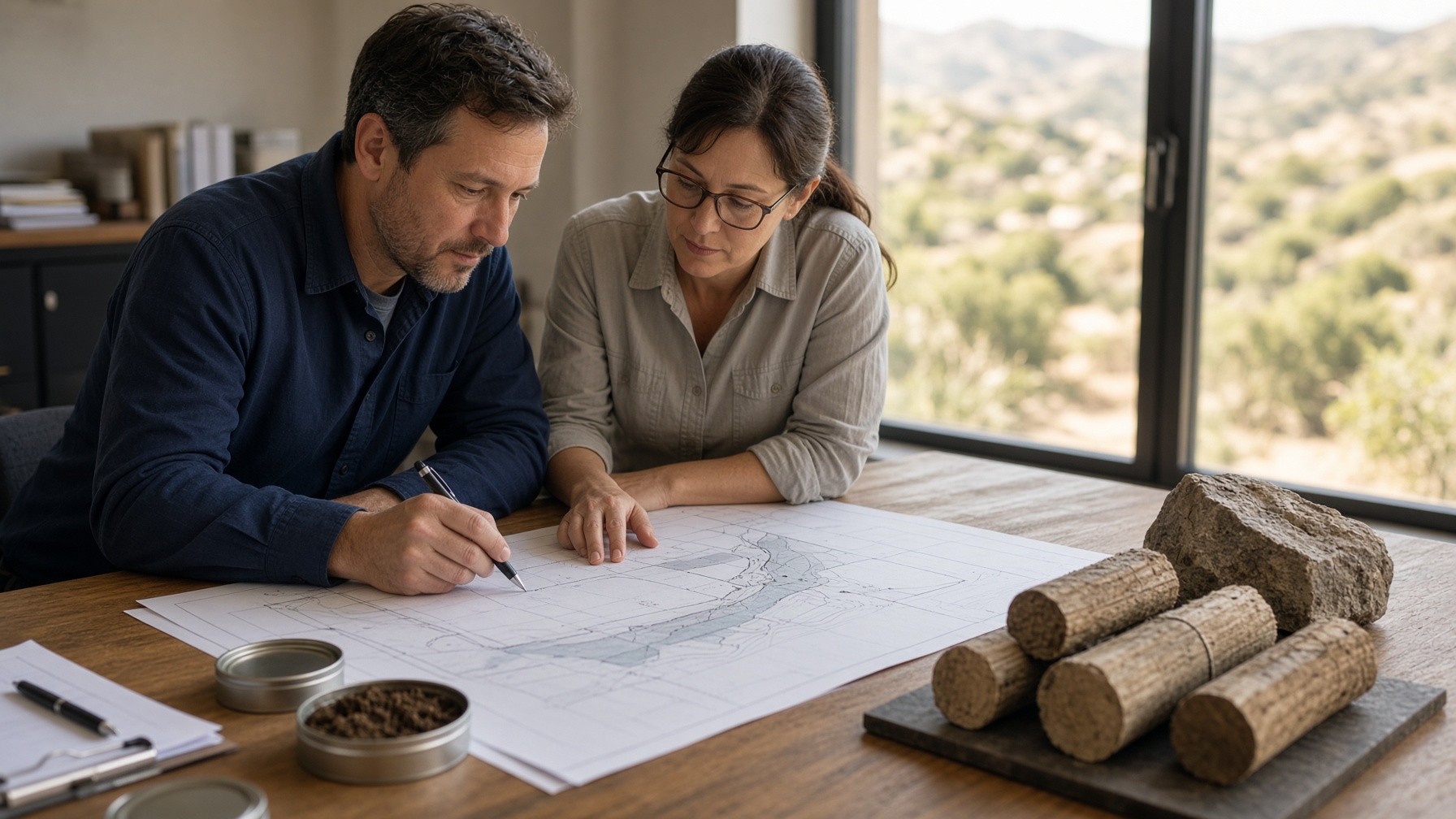 Engineers reviewing a site plan with soil samples